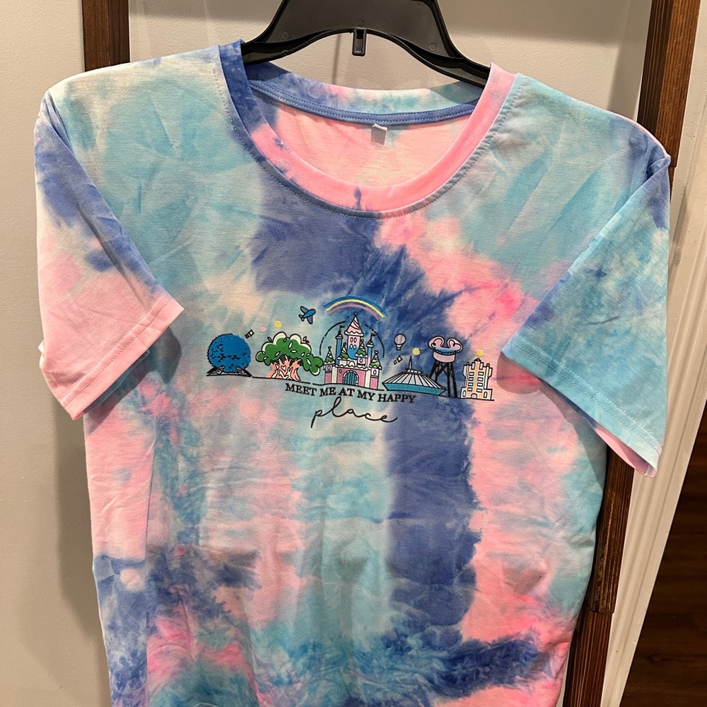 Happiest Place On Earth Women's Tie-Dye Short Sleeve Tee - Blue and Pink